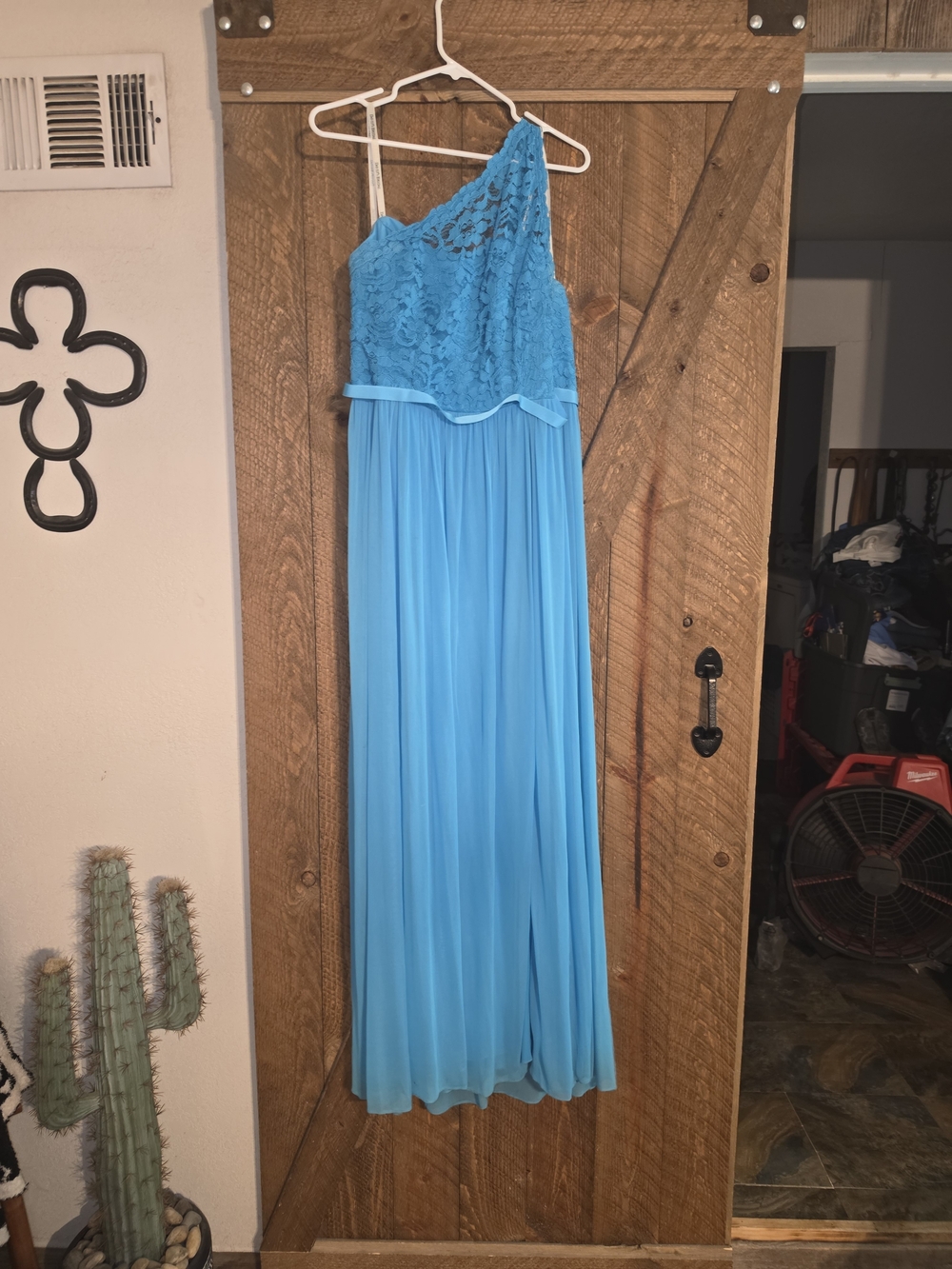 David's Bridal One-Shoulder Lace Chiffon Dress - Bright Blue